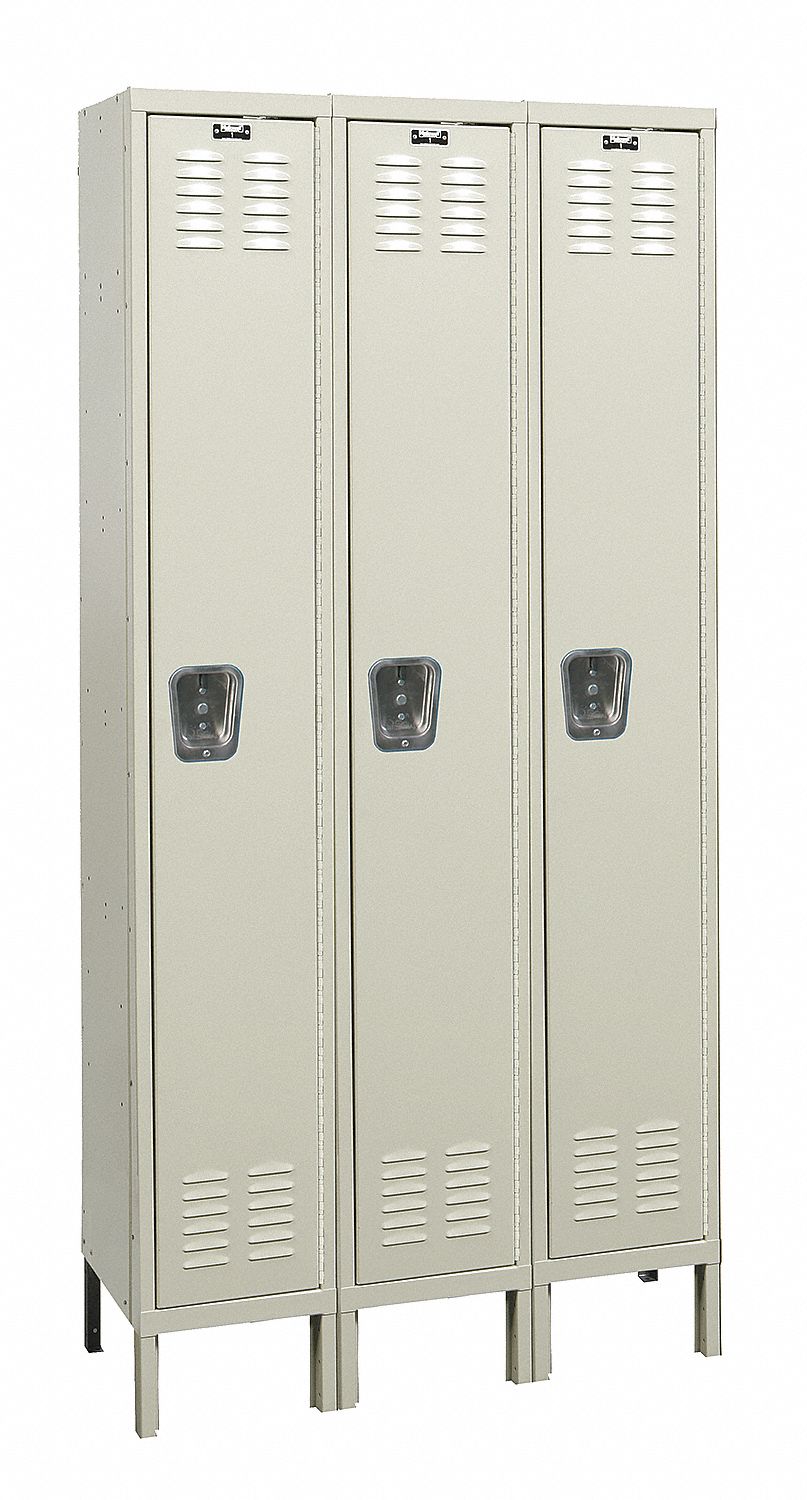 Wardrobe Locker: 36 in x 12 in x 78 in, Louvered, 1 Tiers, 3 Units Wide, Padlock Hasp, Tan