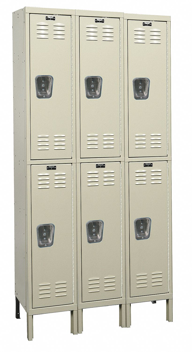 Wardrobe Locker: 36 in x 12 in x 78 in, Louvered, 2 Tiers, 3 Units Wide, Padlock Hasp, Tan