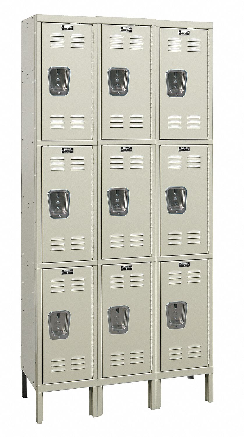 Wardrobe Locker: 36 in x 12 in x 78 in, Louvered, 3 Tiers, 3 Units Wide, Padlock Hasp, Tan