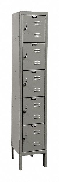 Box Locker: 12 in x 12 in x 66 in, 5 Tiers, 1 Units Wide, Louvered, Padlock Hasp, Gray