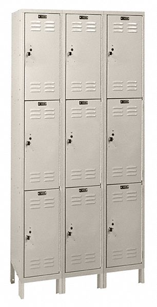 Wardrobe Locker: 36 in x 12 in x 78 in, Louvered, 3 Tiers, 3 Units Wide, Tan, Steel