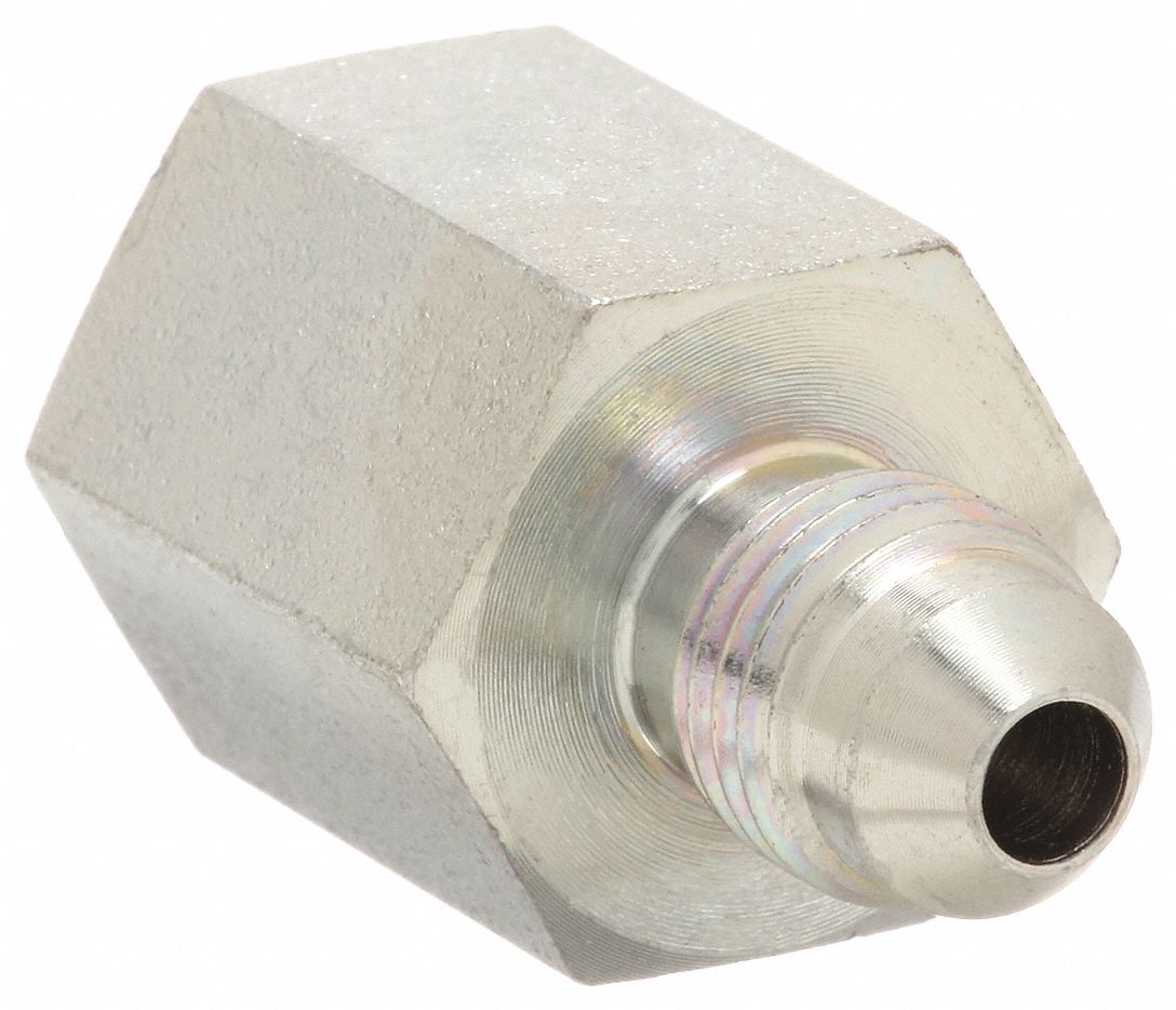 Hydraulic Hose Adapter: 1/4 in x 1/4 in Fitting Size, Female x Male, NPTF x JIC, Rigid, Straight