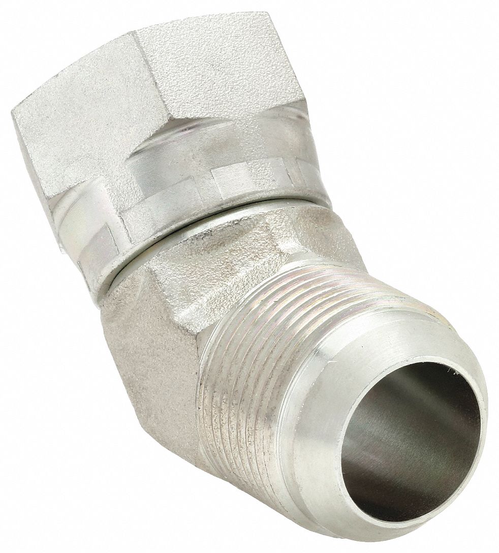 Hydraulic Hose Adapter: 1 in x 1 in Fitting Size, Male x Female, JIC x JIC, Swivel, 45° Elbow