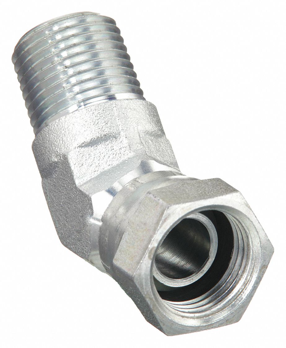 Hydraulic Hose Adapter: 1 in x 1 in Fitting Size, Female x Male, NPSM x NPTF, Swivel, 45° Elbow