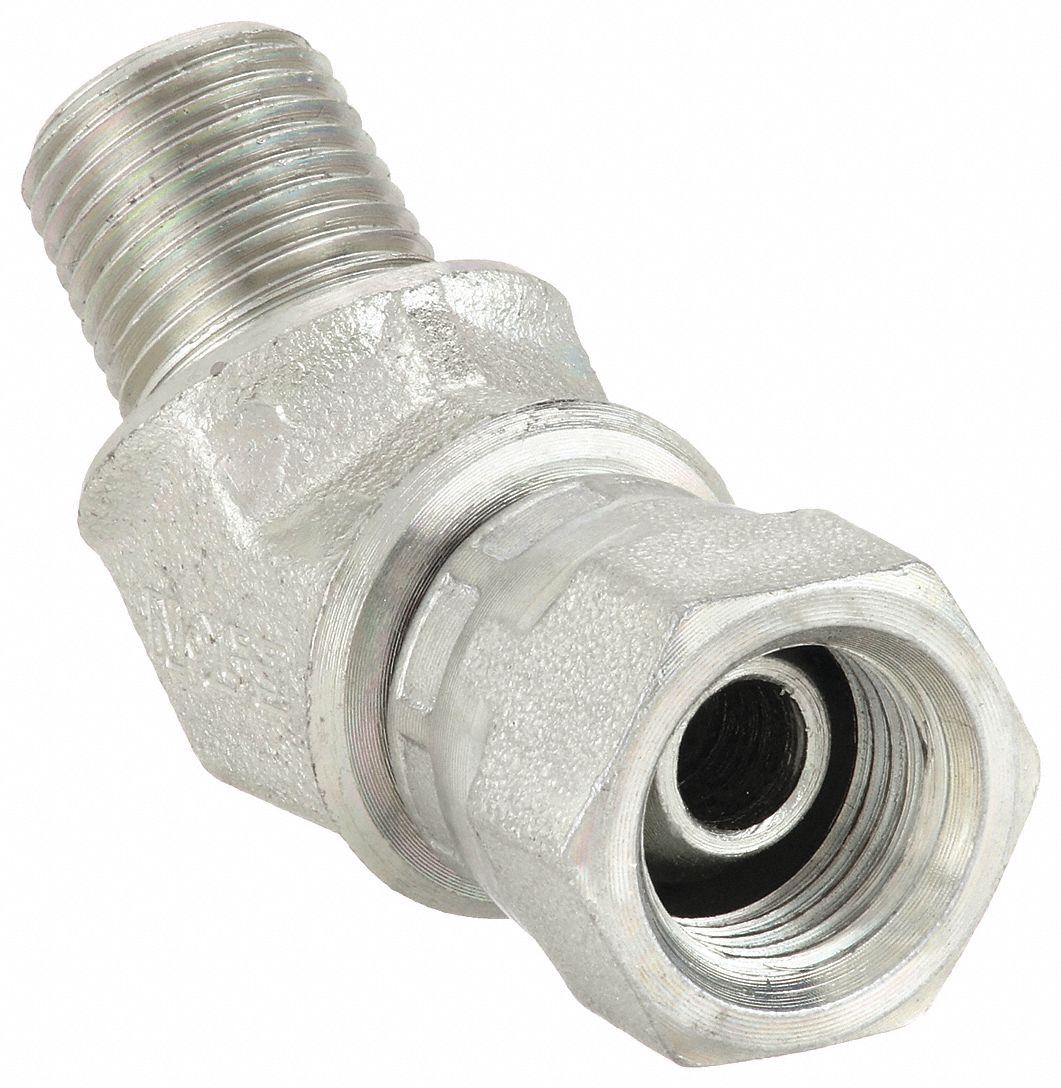 Hydraulic Hose Adapter: 1/2 in x 3/8 in Fitting Size, Female x Male, NPSM x NPTF, Swivel, 45° Elbow