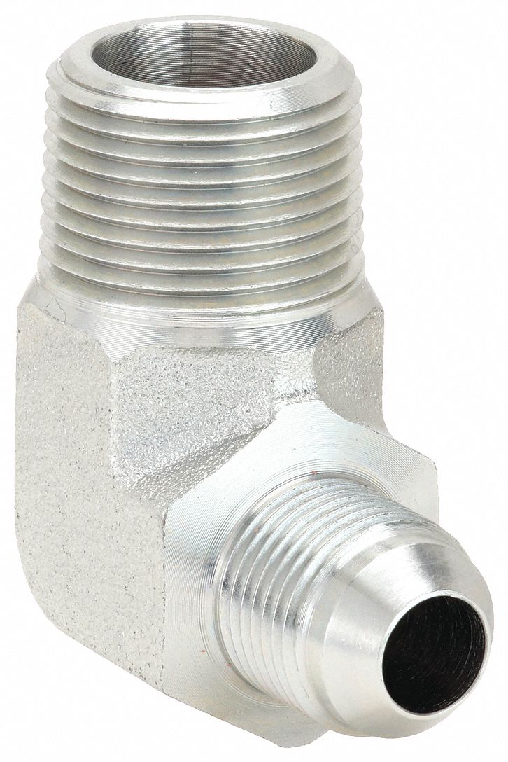 Hydraulic Hose Adapter: 3/4 in x 1/2 in Fitting Size, Male x Male, NPTF x JIC, Rigid, 90° Elbow