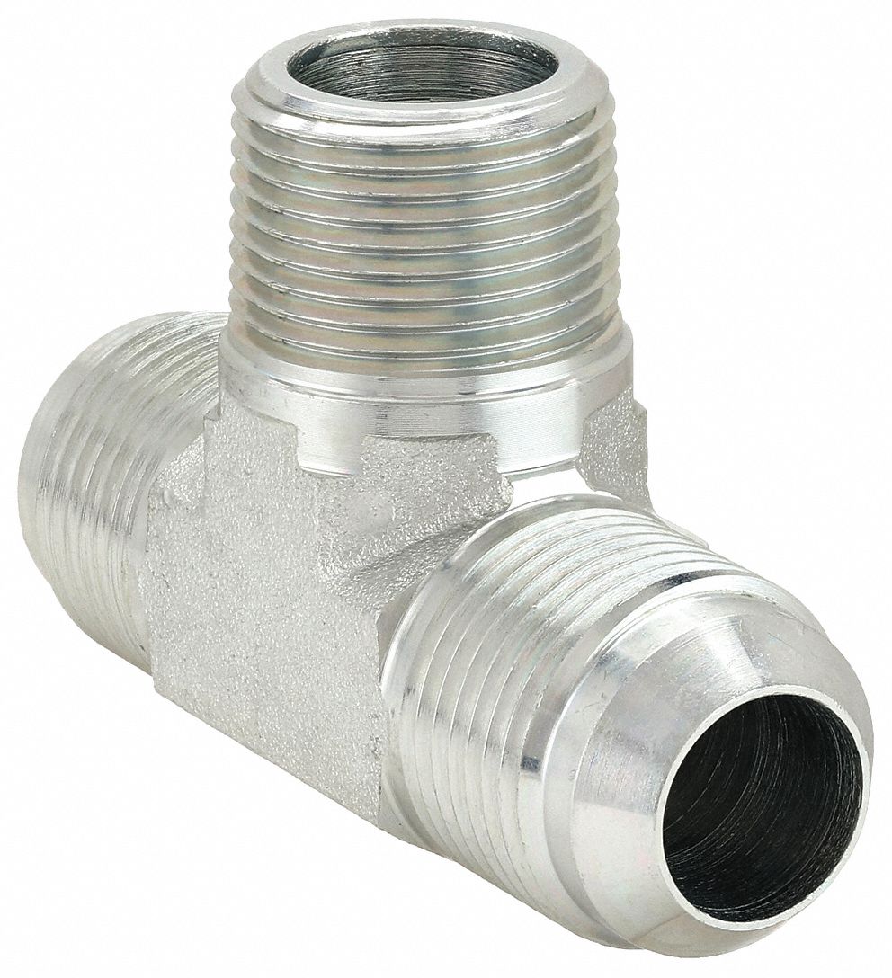 Hydraulic Hose Adapter: 3/4 in x 3/4 in x 3/4 in Fitting Size, Male x Male x Male, NPTF x JIC x JIC