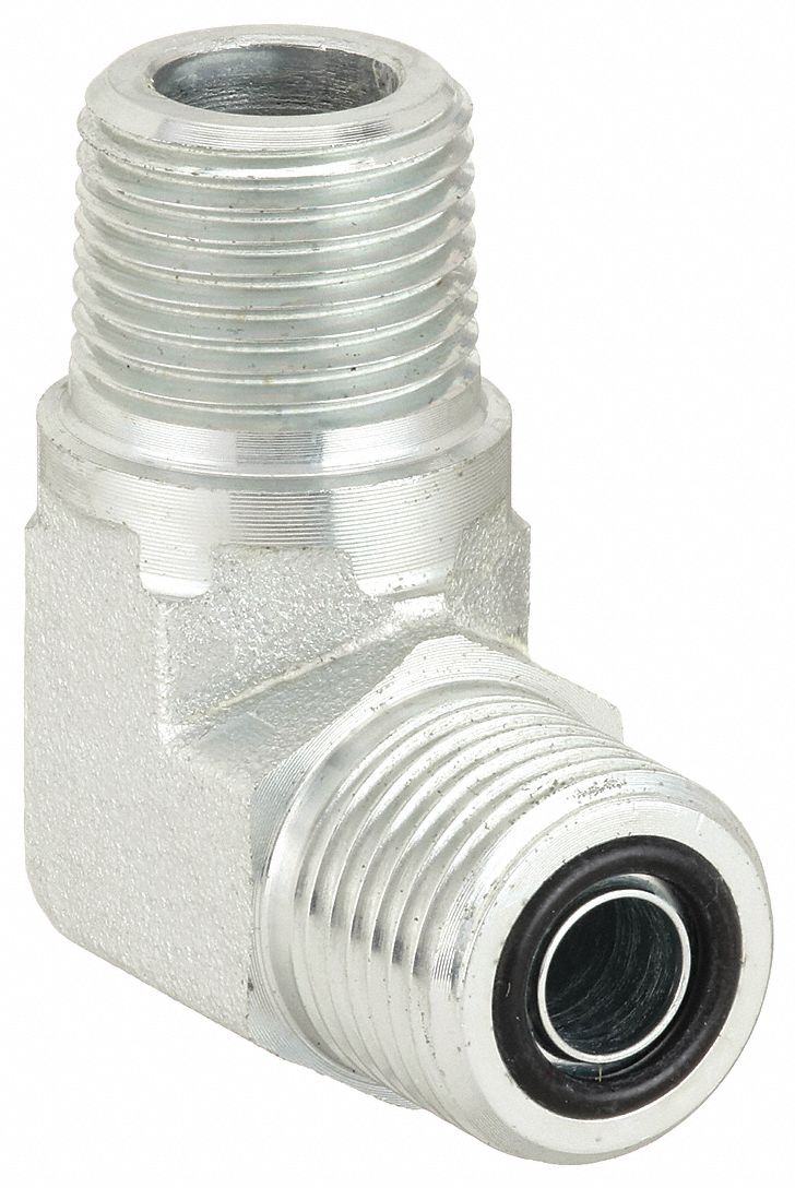 Hydraulic Hose Adapter: 1/4 in x 1/4 in Fitting Size, Male x Male, ORS x NPTF, Rigid, 90° Elbow