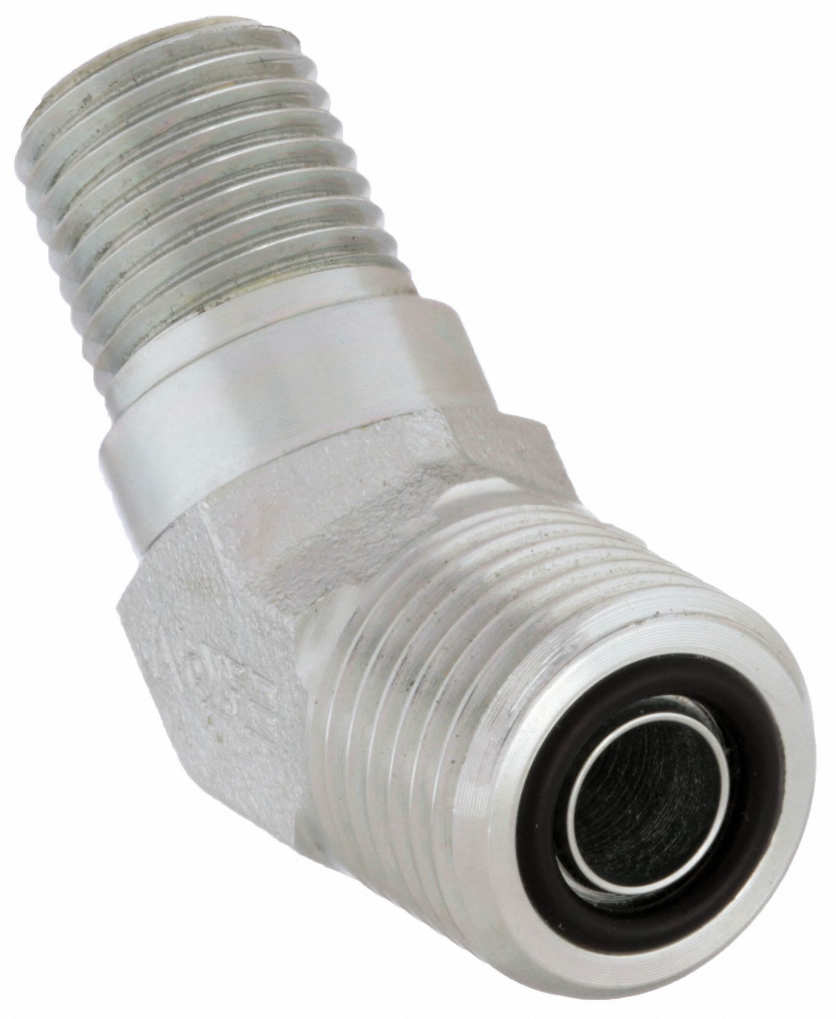 Hydraulic Hose Adapter: 3/8 in x 1/4 in Fitting Size, Male x Male, ORS x NPTF, Rigid, 45° Elbow