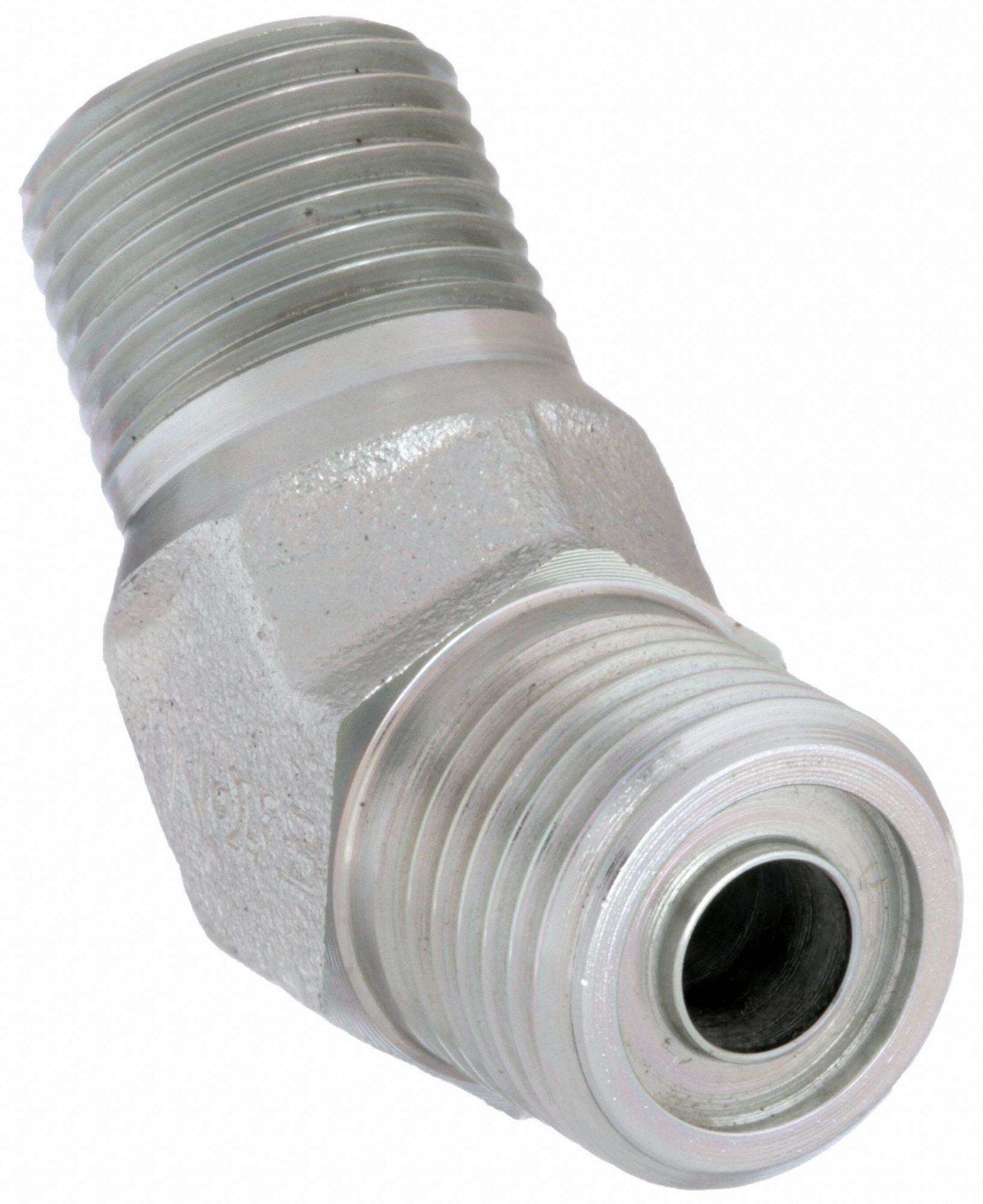Hydraulic Hose Adapter: 3/8 in x 3/8 in Fitting Size, Male x Male, ORS x NPTF, Rigid, 45° Elbow