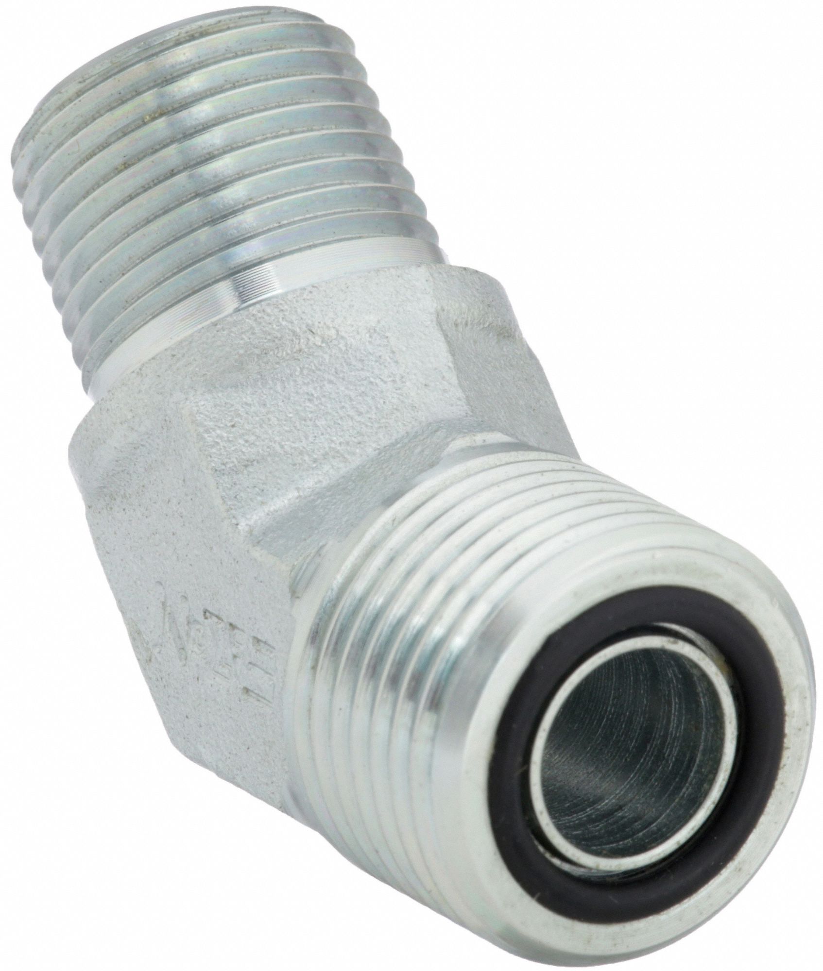 Hydraulic Hose Adapter: 1/2 in x 3/8 in Fitting Size, Male x Male, ORS x NPTF, Rigid, 45° Elbow