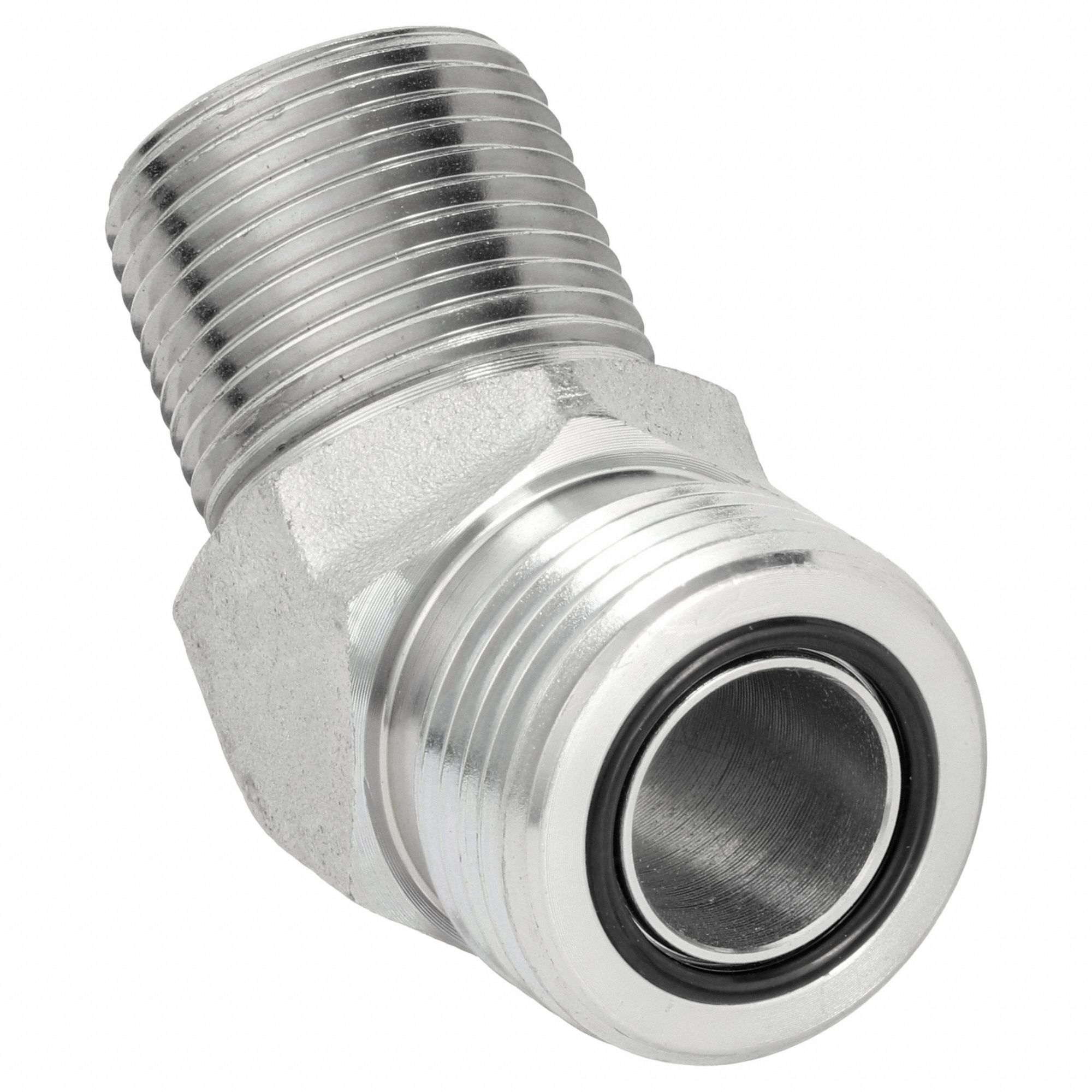 Hydraulic Hose Adapter: 1 in x 1 in Fitting Size, Male x Male, ORS x NPTF, Rigid, 45° Elbow