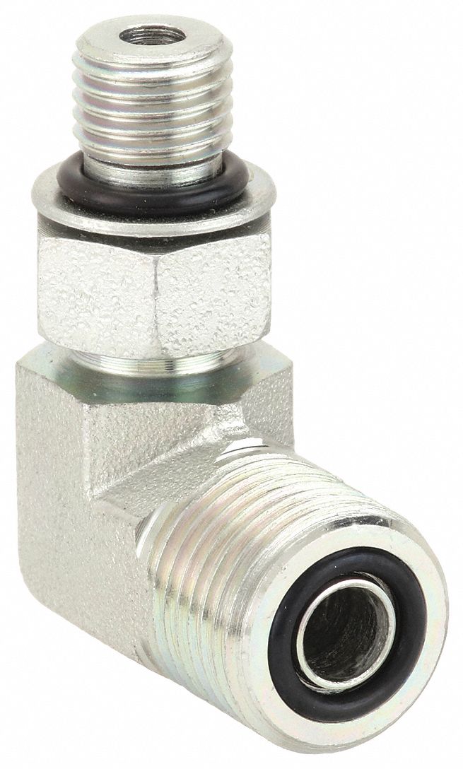 Hydraulic Hose Adapter: 3/8 in x 1/4 in Fitting Size, Male x Male, ORS x ORB, Rigid, 90° Elbow