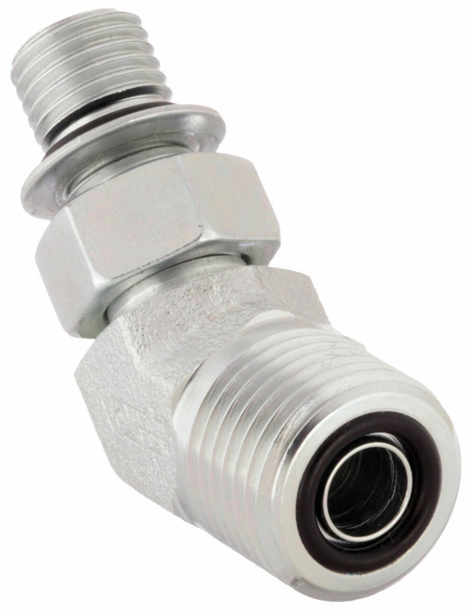 Hydraulic Hose Adapter: 3/8 in x 1/4 in Fitting Size, Male x Male, ORS x ORB, Rigid, 45° Elbow