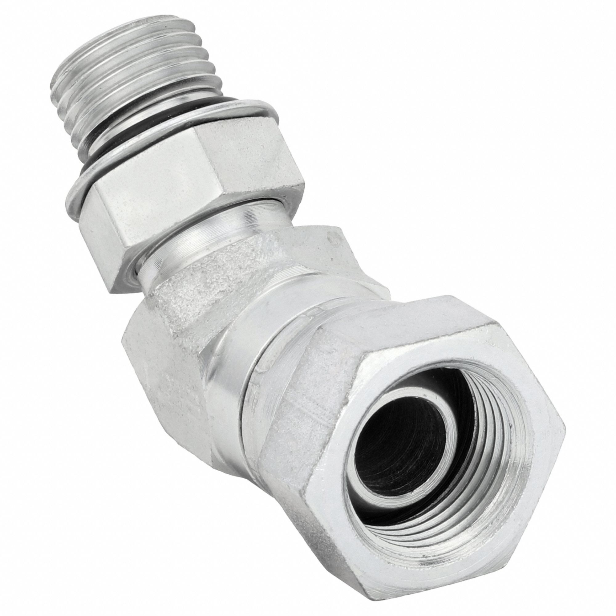 Hydraulic Hose Adapter: 1 in x 1 in Fitting Size, Female x Male, NPSM x ORB, Swivel, 45° Elbow