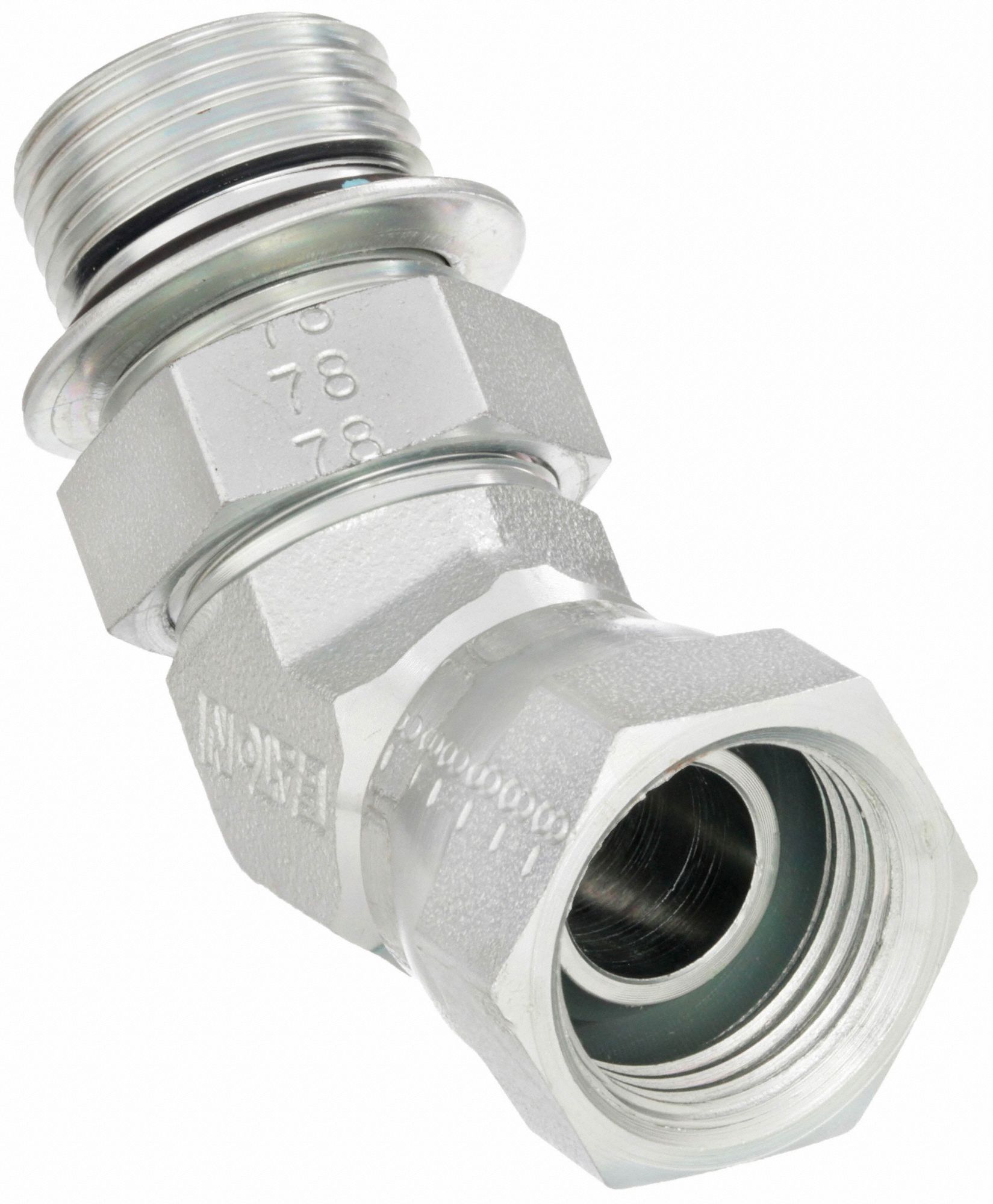 Hydraulic Hose Adapter: 1/2 in x 5/8 in Fitting Size, Female x Male, NPSM x ORB, Swivel, 45° Elbow