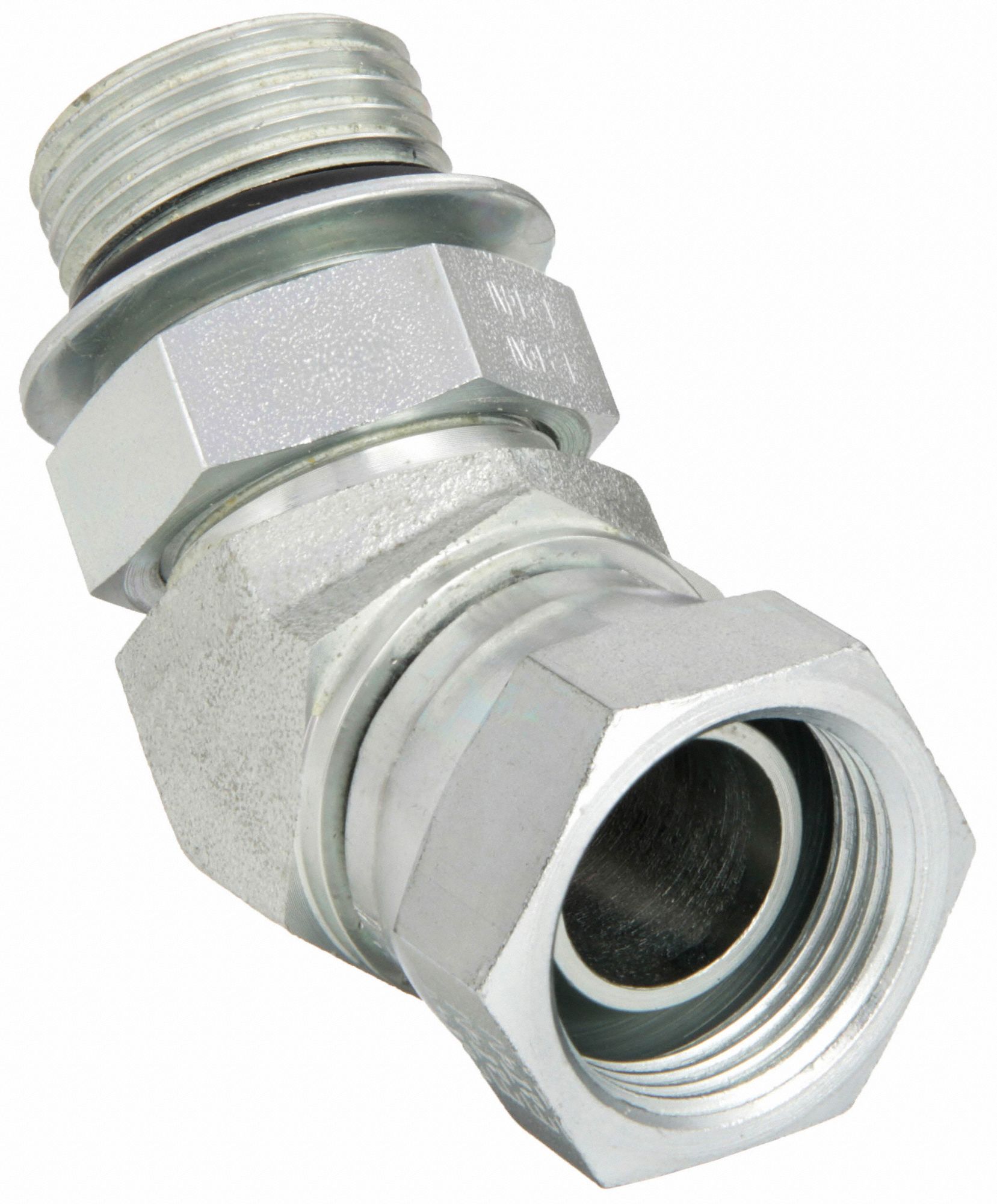 Hydraulic Hose Adapter: 3/4 in x 3/4 in Fitting Size, Female x Male, NPSM x ORB, Swivel, 45° Elbow