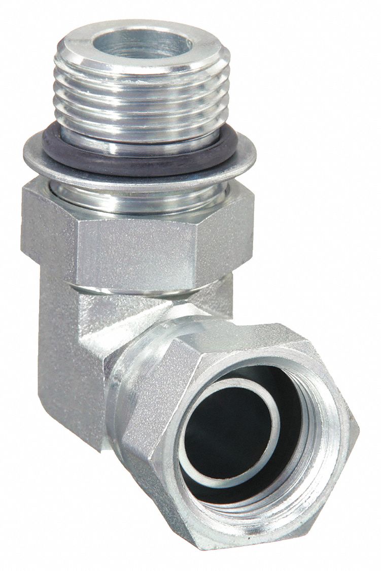 Hydraulic Hose Adapter: 1/2 in x 5/8 in Fitting Size, Female x Male, NPSM x ORB, Swivel, 90° Elbow
