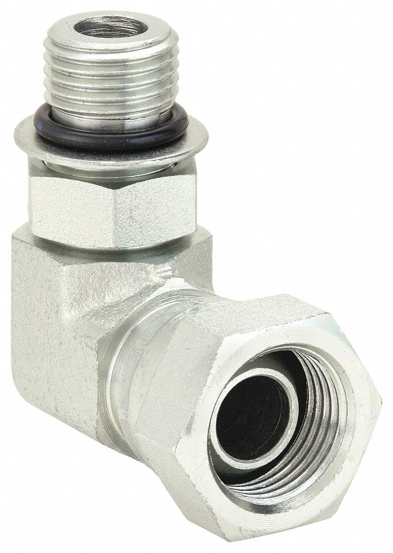 Hydraulic Hose Adapter: 1/2 in x 1/2 in Fitting Size, Female x Male, NPSM x ORB, Swivel, 90° Elbow