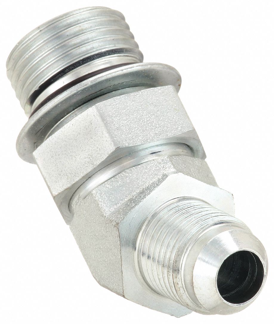 Hydraulic Hose Adapter: 3/8 in x 1/2 in Fitting Size, Male x Male, ORB x JIC, Rigid, 45° Elbow