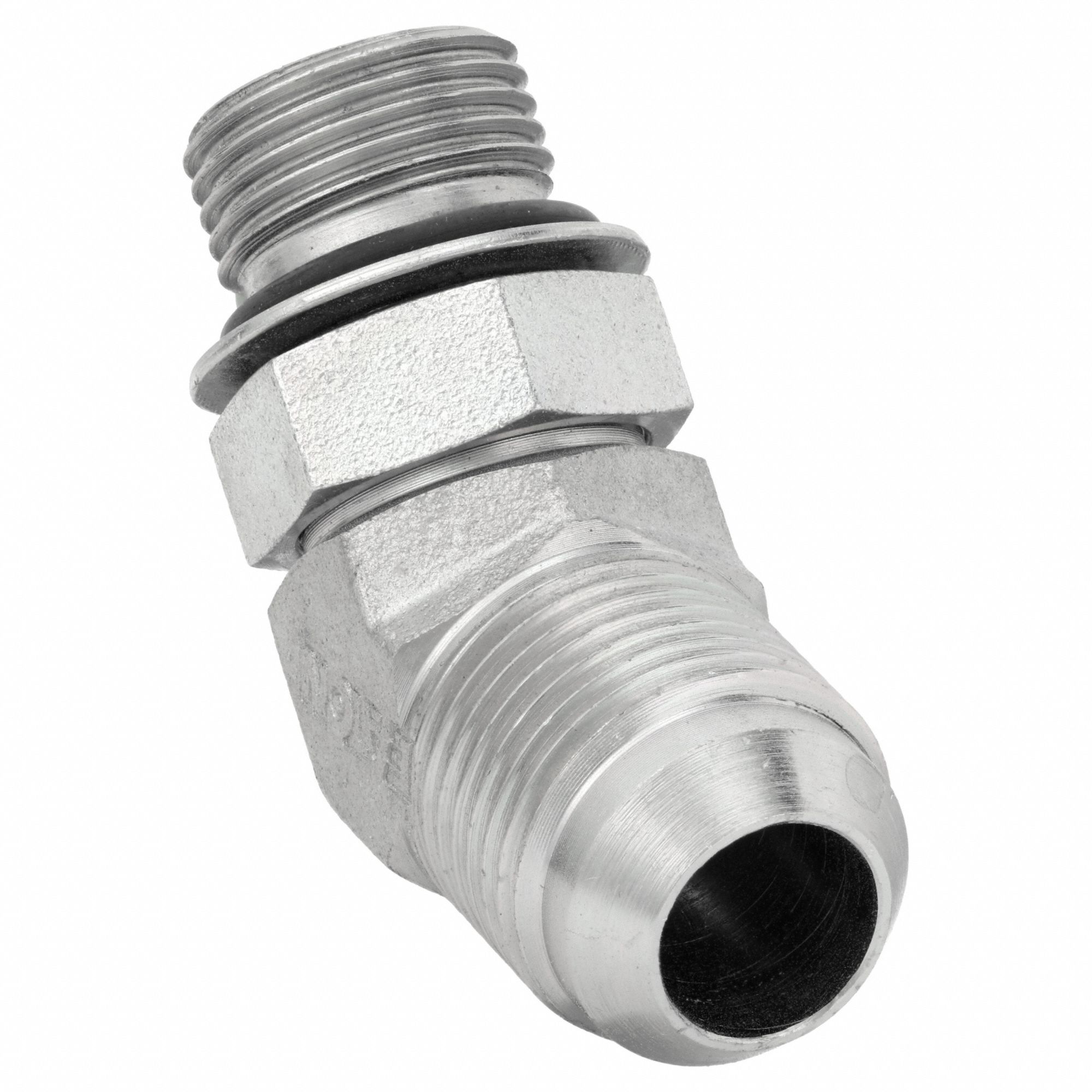 HYDRAULIC HOSE ADAPTER, ¼ X ⅜ IN FITTING, MALE X MALE, ORB X JIC, RIGID, 45 °  ELBOW