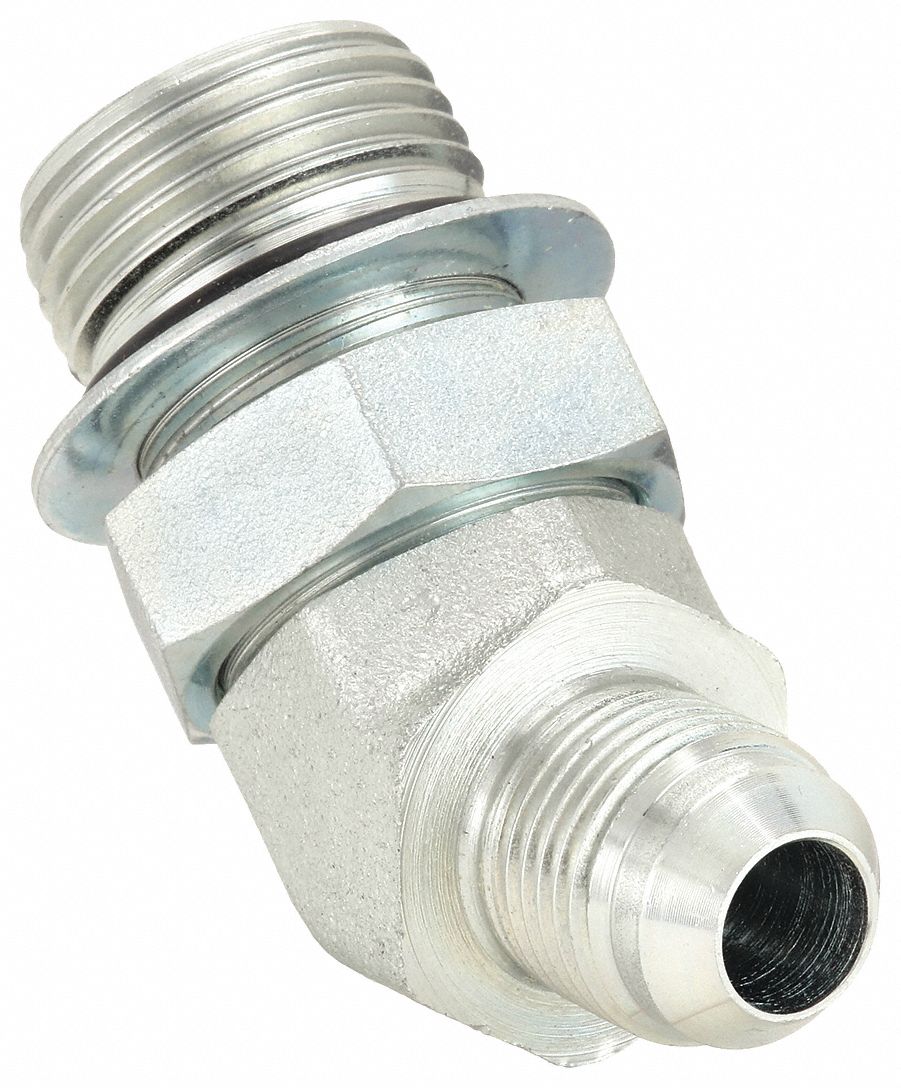 Hydraulic Hose Adapter: 3/4 in x 1/2 in Fitting Size, Male x Male, ORB x JIC, Rigid, 45° Elbow