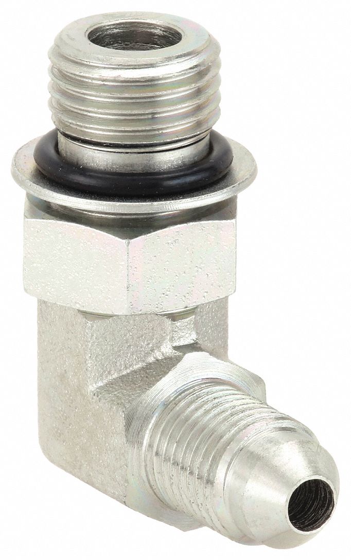 Hydraulic Hose Adapter: 3/8 in x 1/4 in Fitting Size, Male x Male, ORB x JIC, Rigid, 90° Elbow