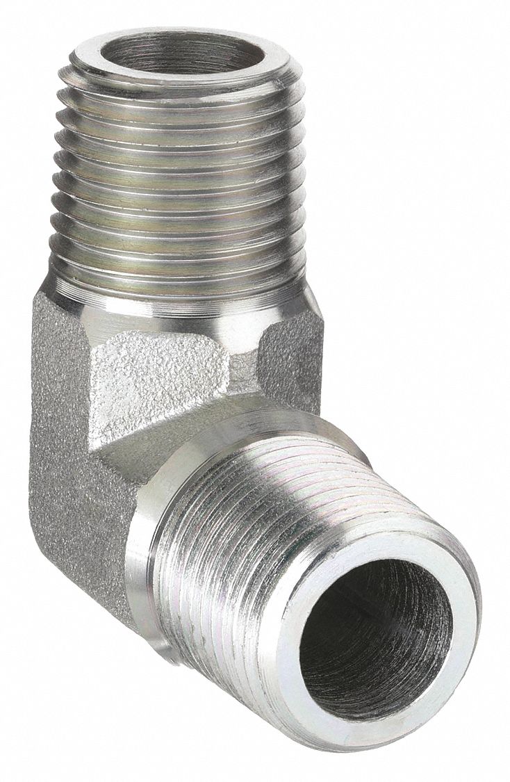 Hydraulic Hose Adapter: 1/2 in x 1/2 in Fitting Size, Male x Male, NPTF x NPTF, Rigid, 90° Elbow