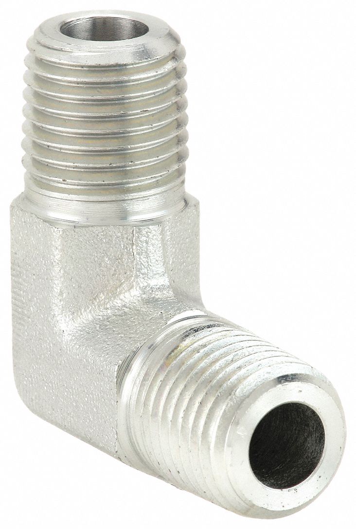 Hydraulic Hose Adapter: 1/4 in x 1/4 in Fitting Size, Male x Male, NPTF x NPTF, Rigid, 90° Elbow