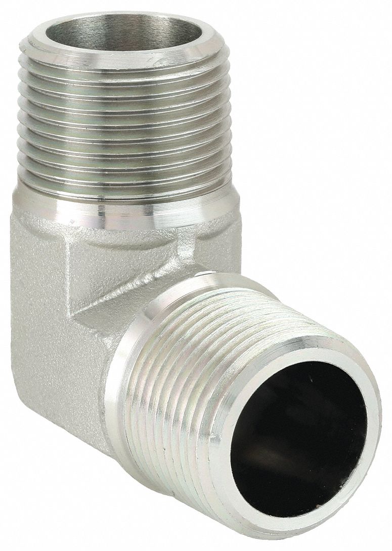 Hydraulic Hose Adapter: 1 1/4 in x 1 1/4 in Fitting Size, Male x Male, NPTF x NPTF, Rigid, 90° Elbow