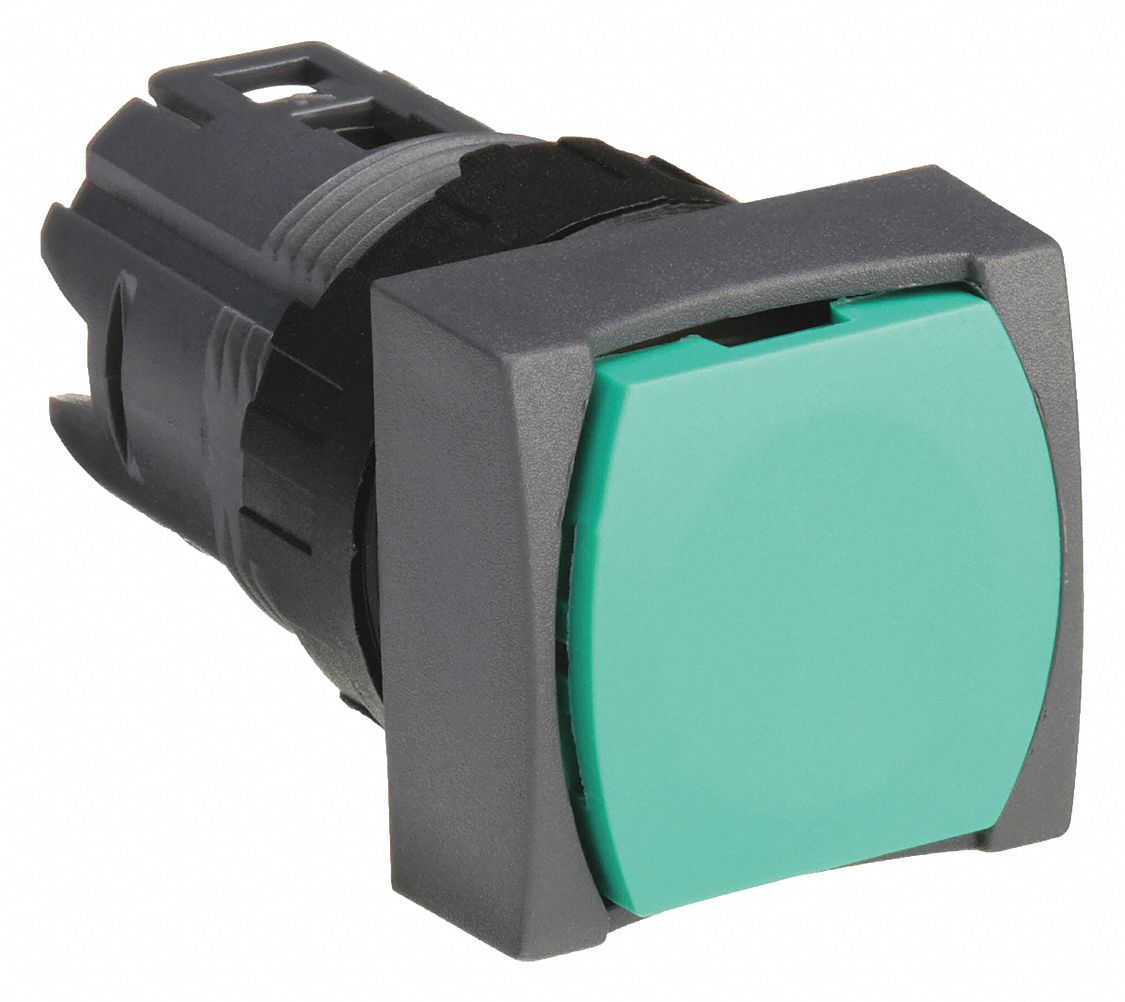 Flush Push Button: Green, 16 mm Mounting Size, Non-Metallic, Momentary