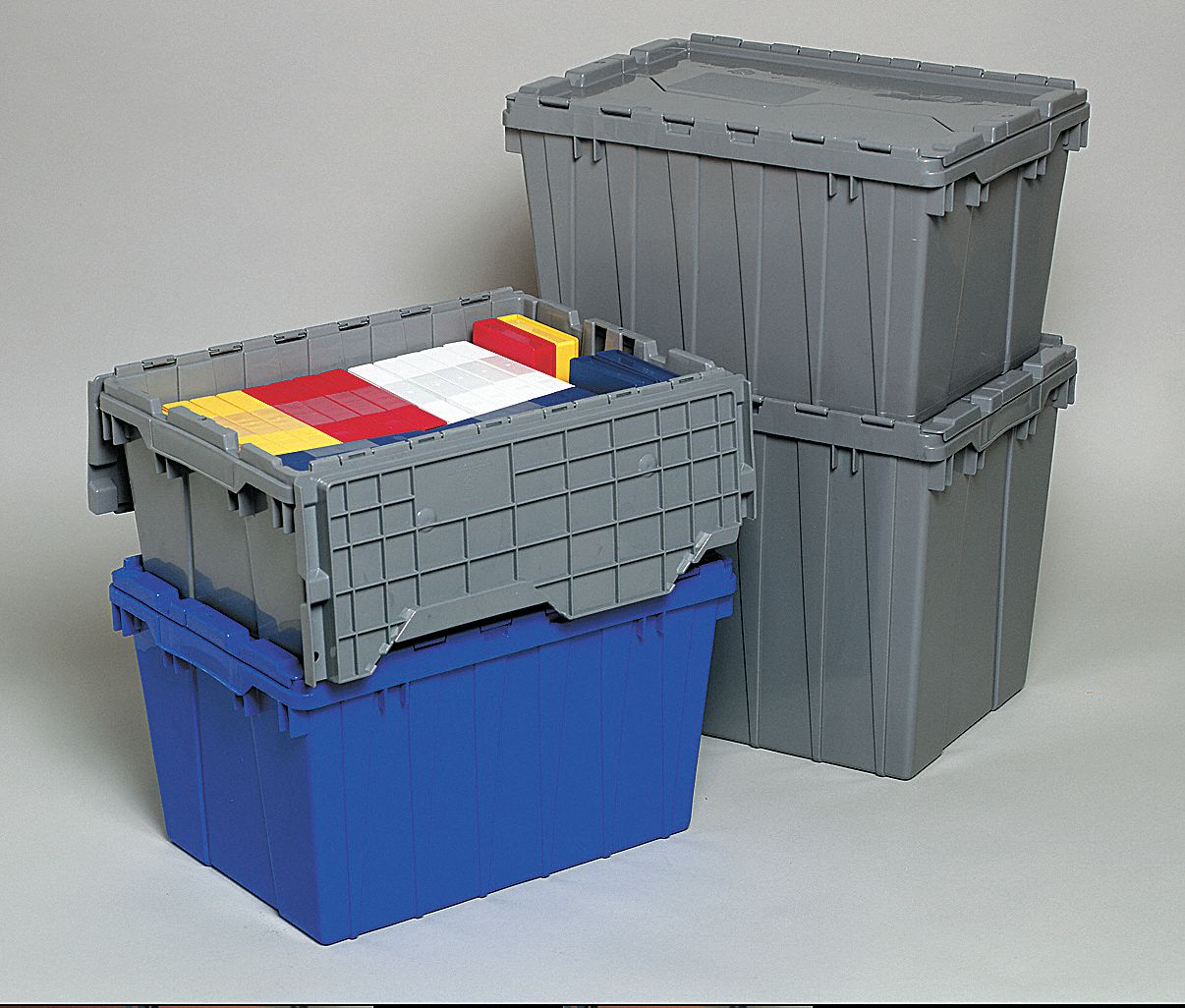 Attached Lid Container,1.12 cu ft,Gray