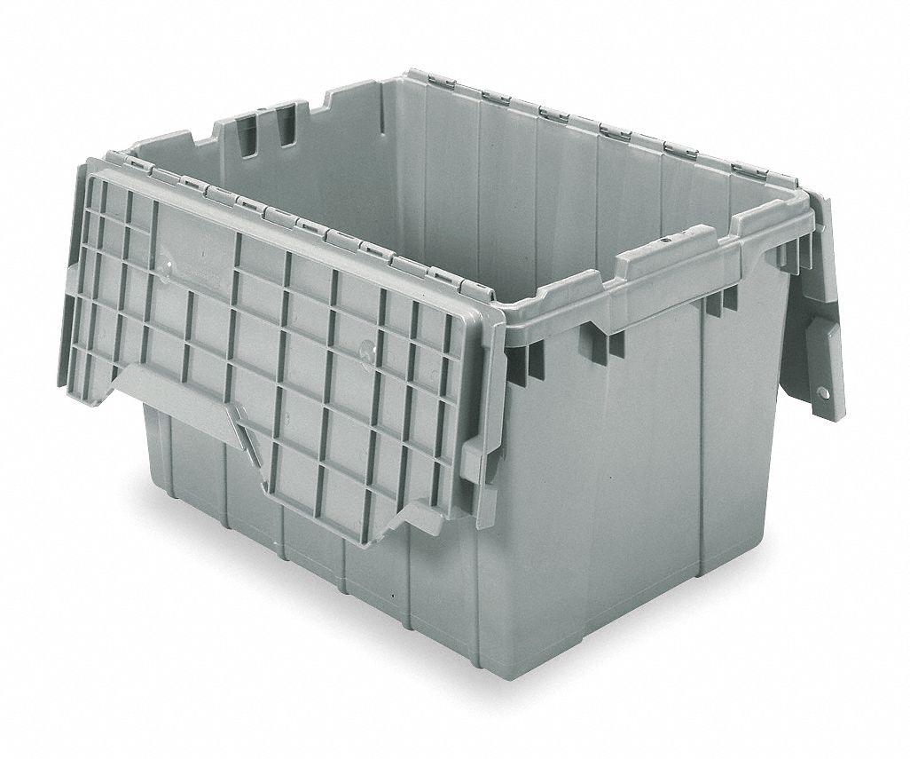 Attached Lid Tote: 12 gal, 21 1/2 in x 15 1/4 in x 12 1/2 in, Gray Body, Gray Lid, Plastic