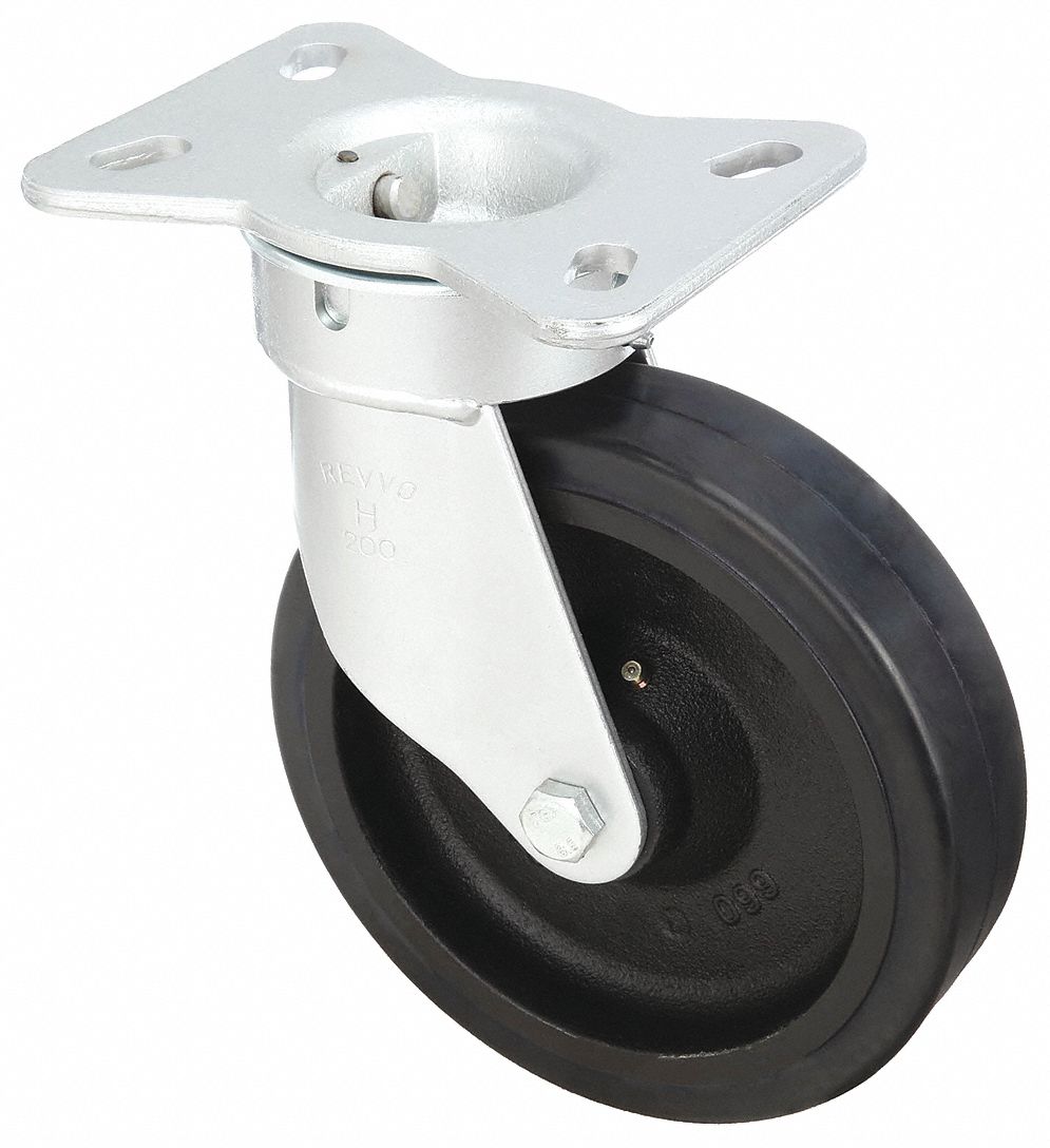 Plate Caster: Swivel, Rubber, 8 in Wheel Dia, 2 in Wheel Wd, 10 1/8 in Mounting Ht