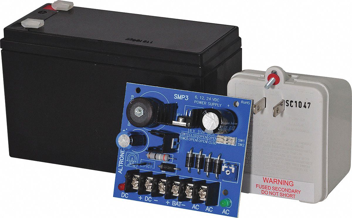 Power Supply 12VDC @ 2.5A W/Battery & Transformer: Power Supply, 16 to 28V AC
