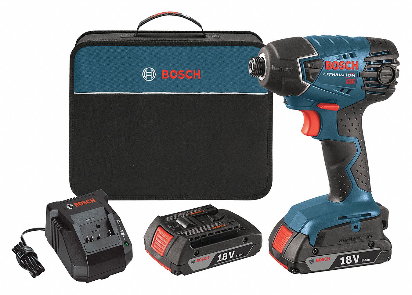 BOSCH Cordless, Impact Driver Kit, 1/4 in Hex, 18V DC, 1,500 inlb Max