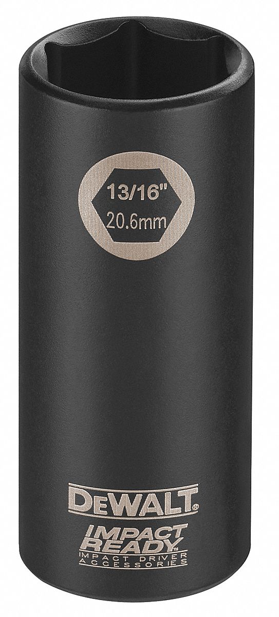 Impact Socket: 1/2 in Drive Size, SAE, 13/16 in Socket Size, 6-Point, Deep, 3 in Overall Lg