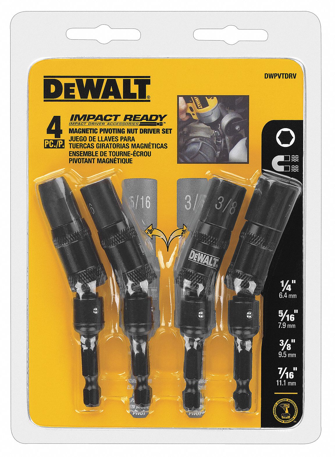 DEWALT Nutsetter Set English Imperial 1 4 in 5 16 in 3 8 in 7 16 in Fastening Size Magnetized Tip