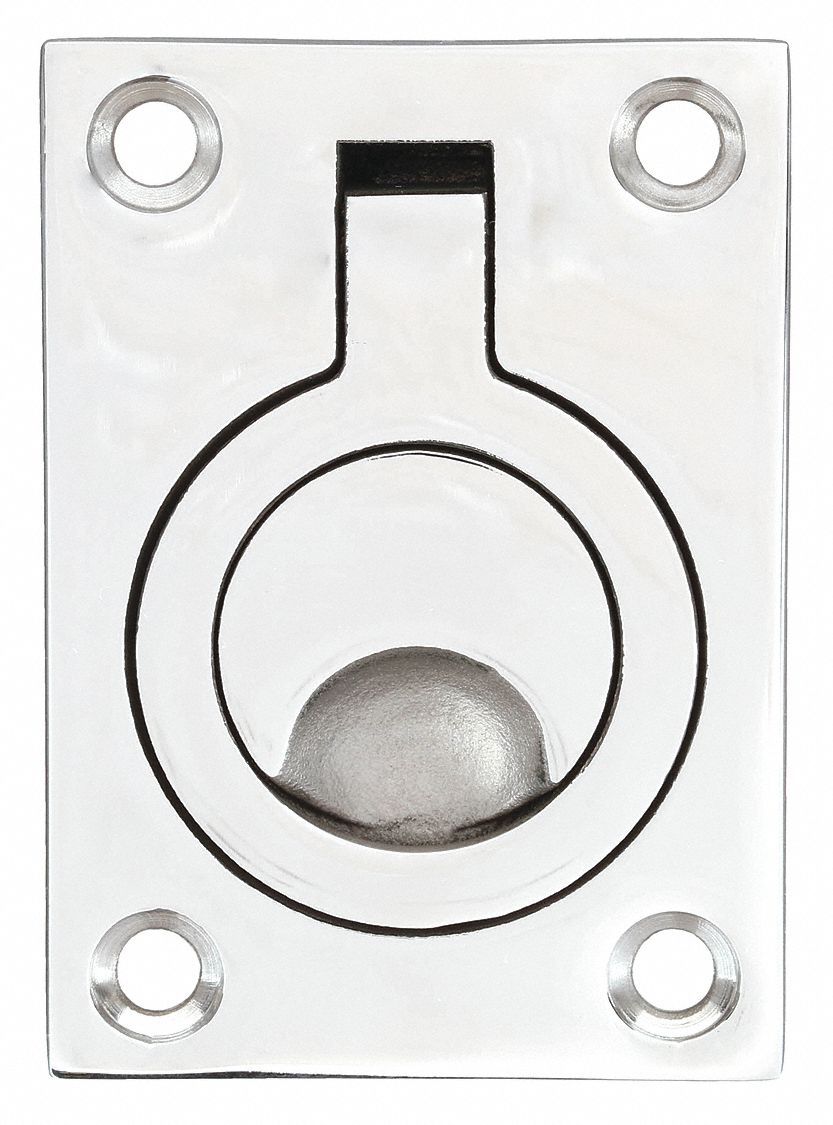 Recessed Folding Pull Handle: Unthreaded Holes, Stainless Steel, Silver, Ring, 5/8 in