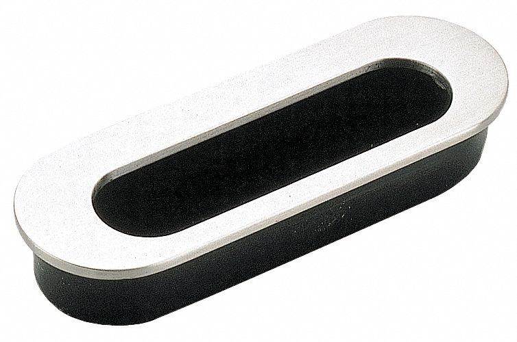 Recessed Pull Handle: Threaded Holes, Stainless Steel, Black, Tray, 4 1/2 in Overall Lg, Oval