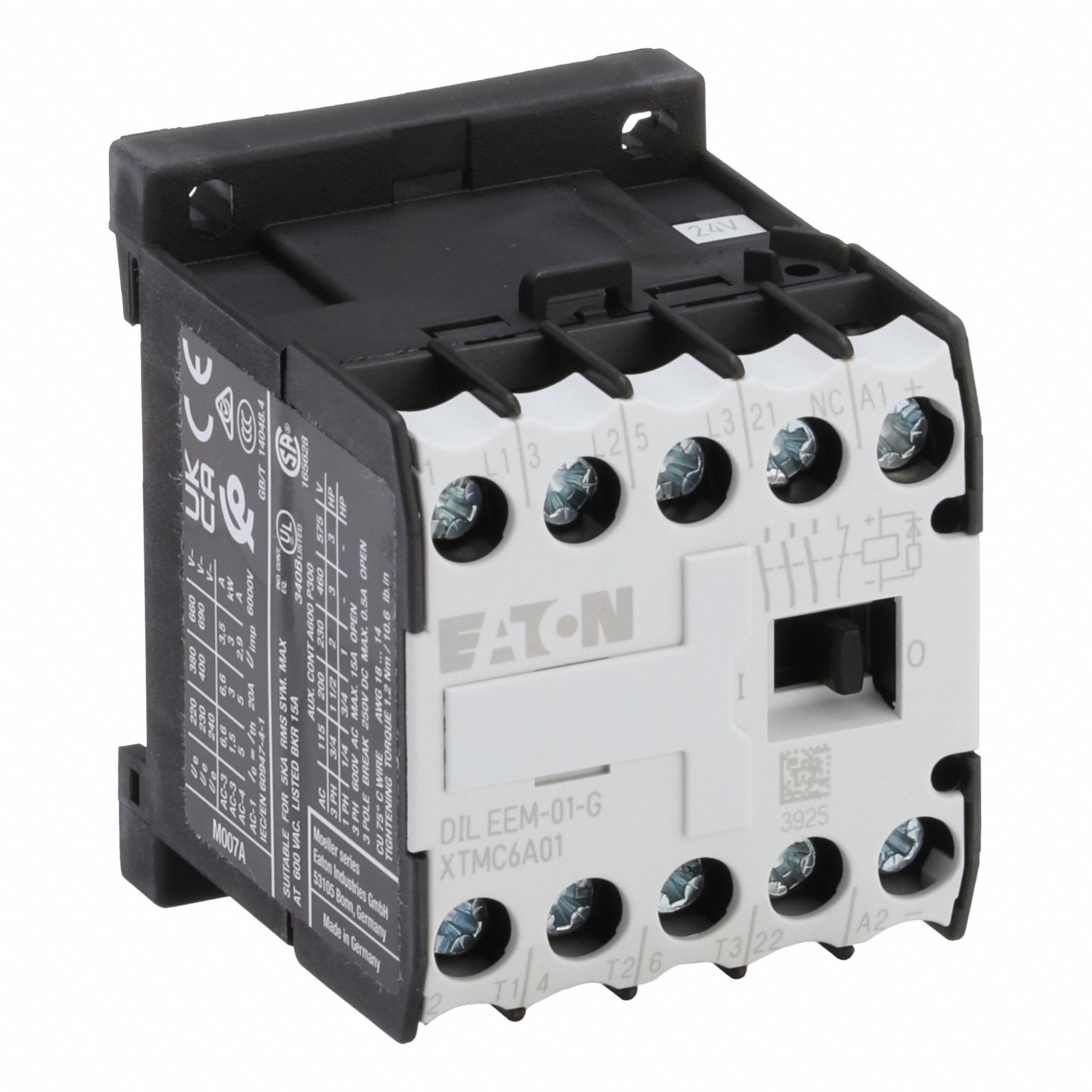 EATON Miniature IEC Magnetic Contactor: Non-Reversing, 3 Poles, 3NO Contacts, 6 A, 24V DC Coil (MPN XTMC6A01TD). Key specifications — attr945107: EATON; attr972381: Yes.
