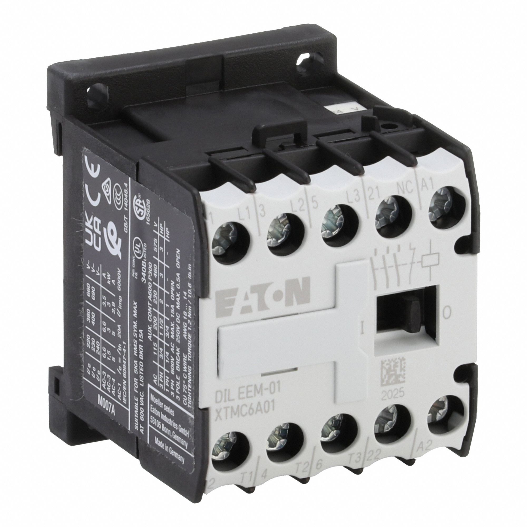 EATON Miniature IEC Magnetic Contactor: Non-Reversing, 3 Poles, 3NO Contacts, 6 A, 24V AC Coil (MPN XTMC6A01T). Key specifications — attr945107: EATON; attr972381: Yes.