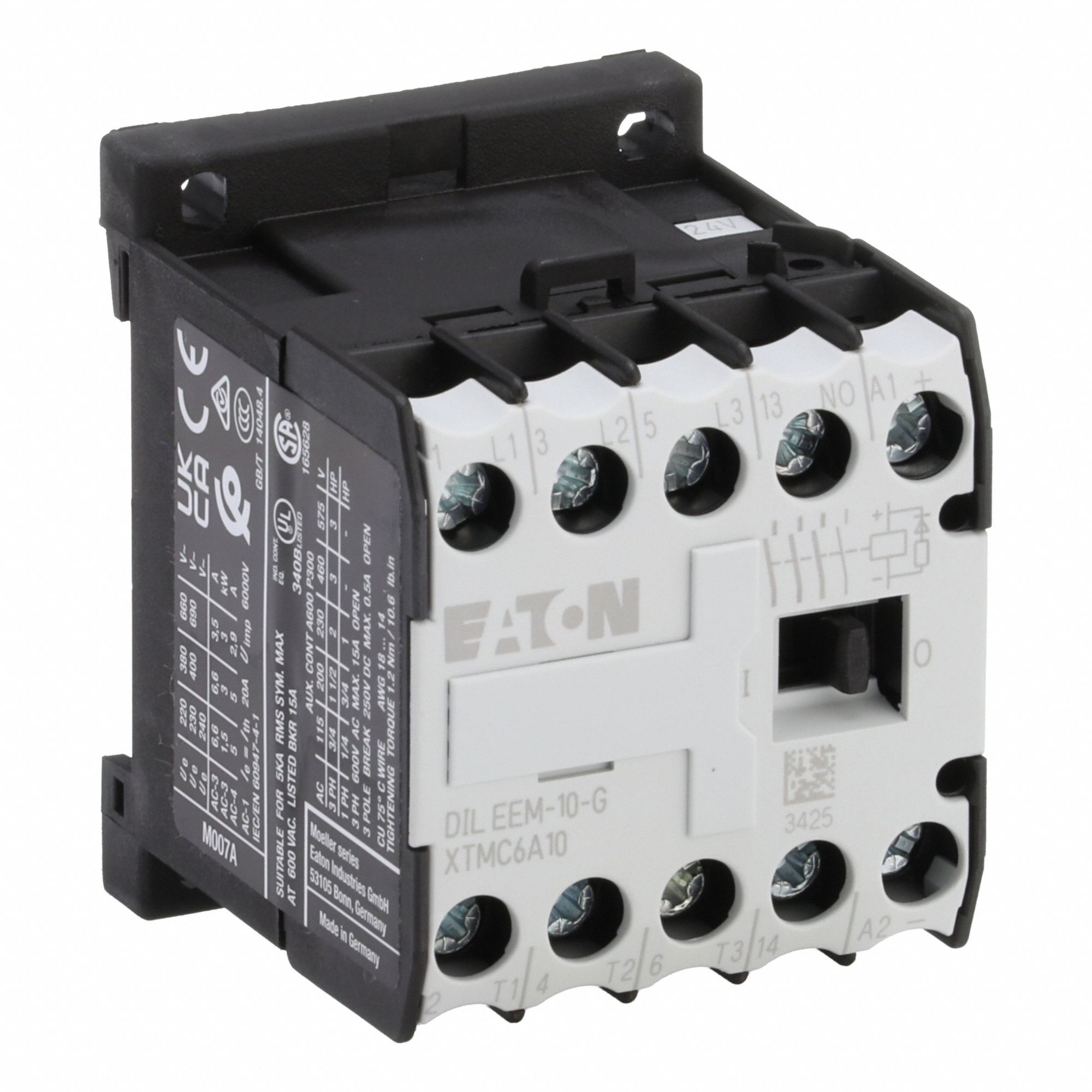 EATON Miniature IEC Magnetic Contactor: Non-Reversing, 3 Poles, 3NO Contacts, 6 A, 24V DC Coil (MPN XTMC6A10TD). Key specifications — attr945107: EATON; attr972381: Yes.