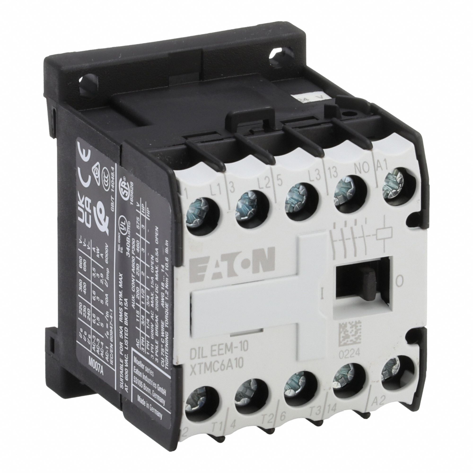 EATON Miniature IEC Magnetic Contactor: Non-Reversing, 3 Poles, 3NO Contacts, 6 A, 24V AC Coil (MPN XTMC6A10T). Key specifications — attr945107: EATON; attr972381: Yes.