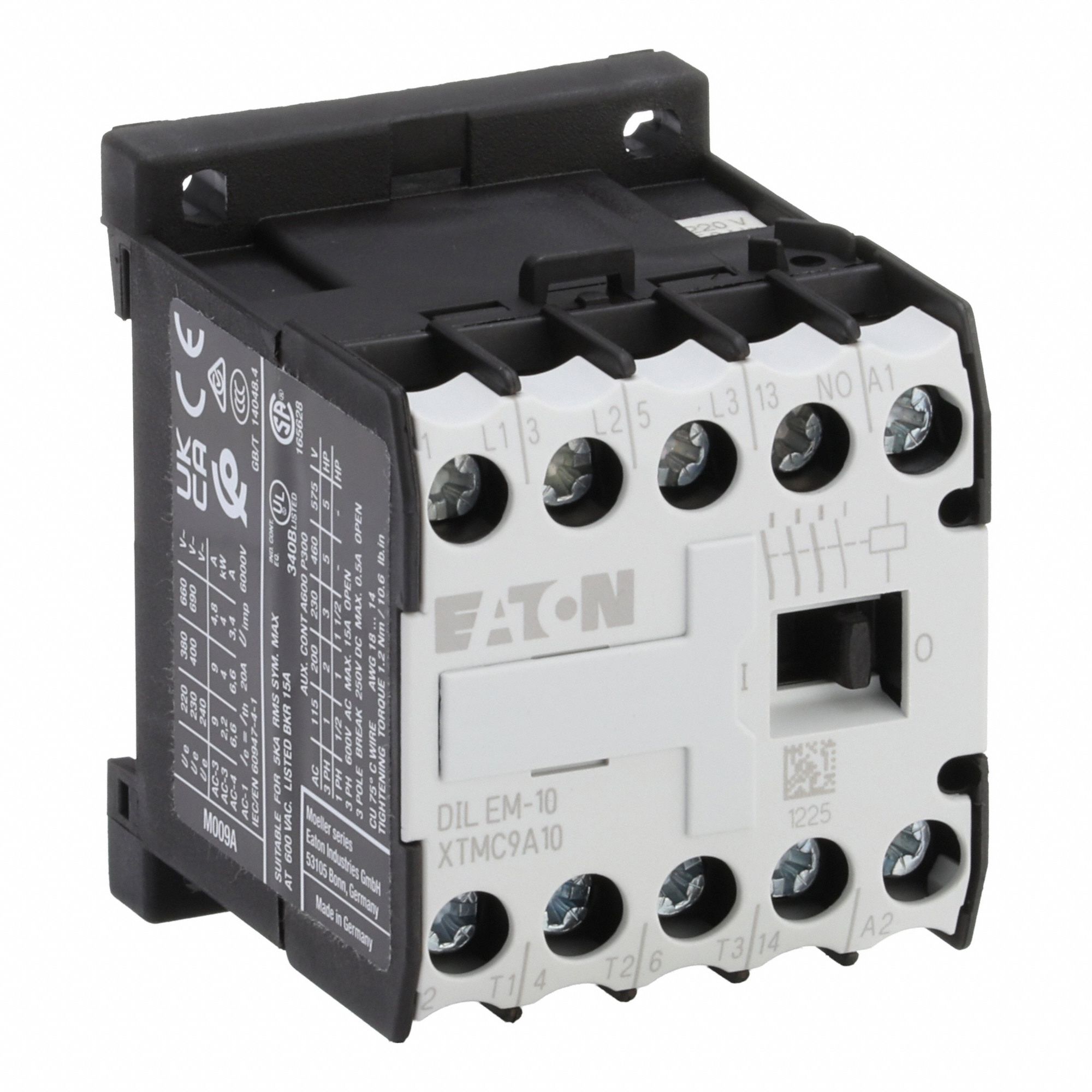 EATON Miniature IEC Magnetic Contactor: Non-Reversing, 3 Poles, 3NO Contacts, 9 A, 240V AC Coil (MPN XTMC9A10B). Key specifications — attr945107: EATON; attr972381: Yes.