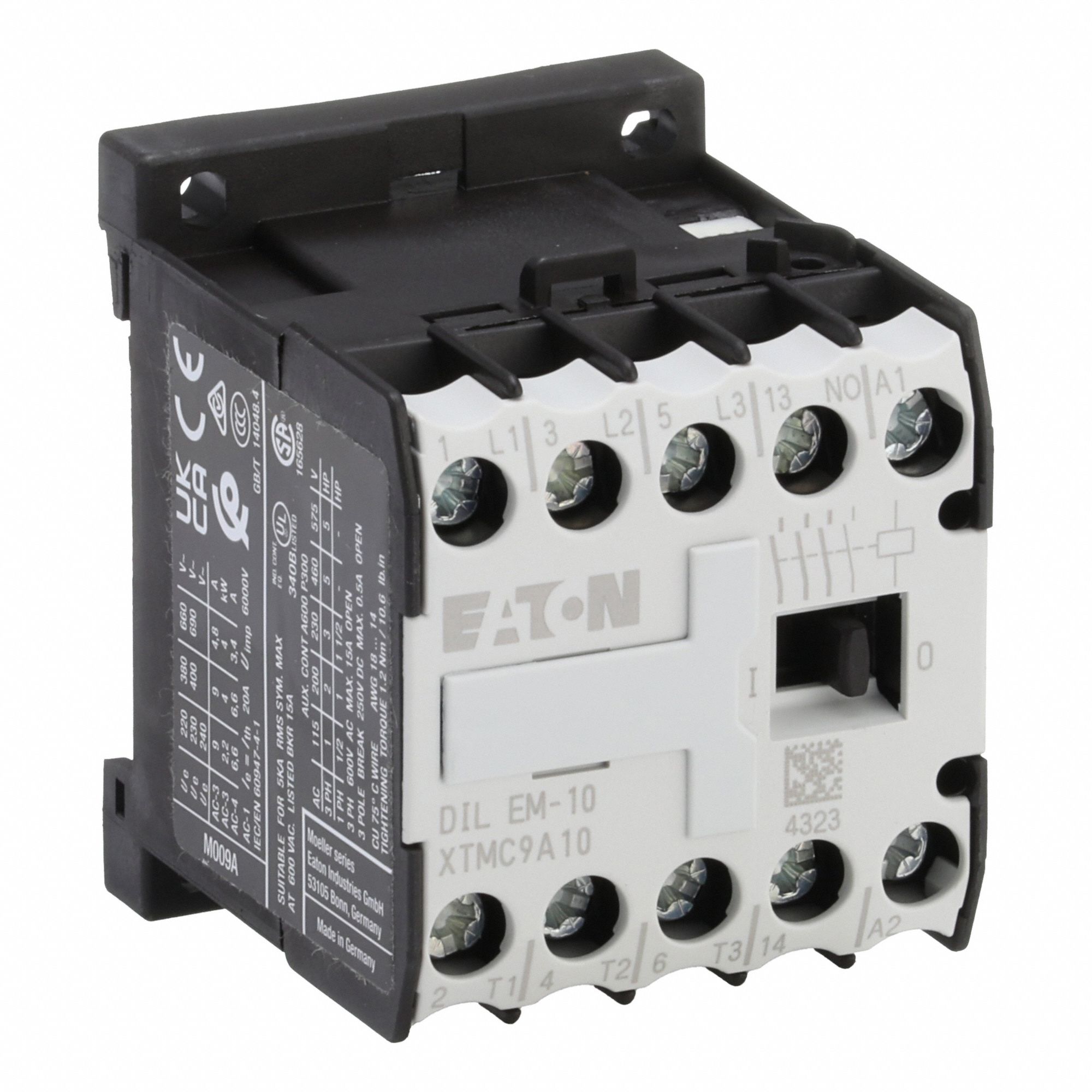 EATON Miniature IEC Magnetic Contactor: Non-Reversing, 3 Poles, 3NO Contacts, 9 A, 208V AC Coil (MPN XTMC9A10E). Key specifications — attr945107: EATON; attr972381: Yes.