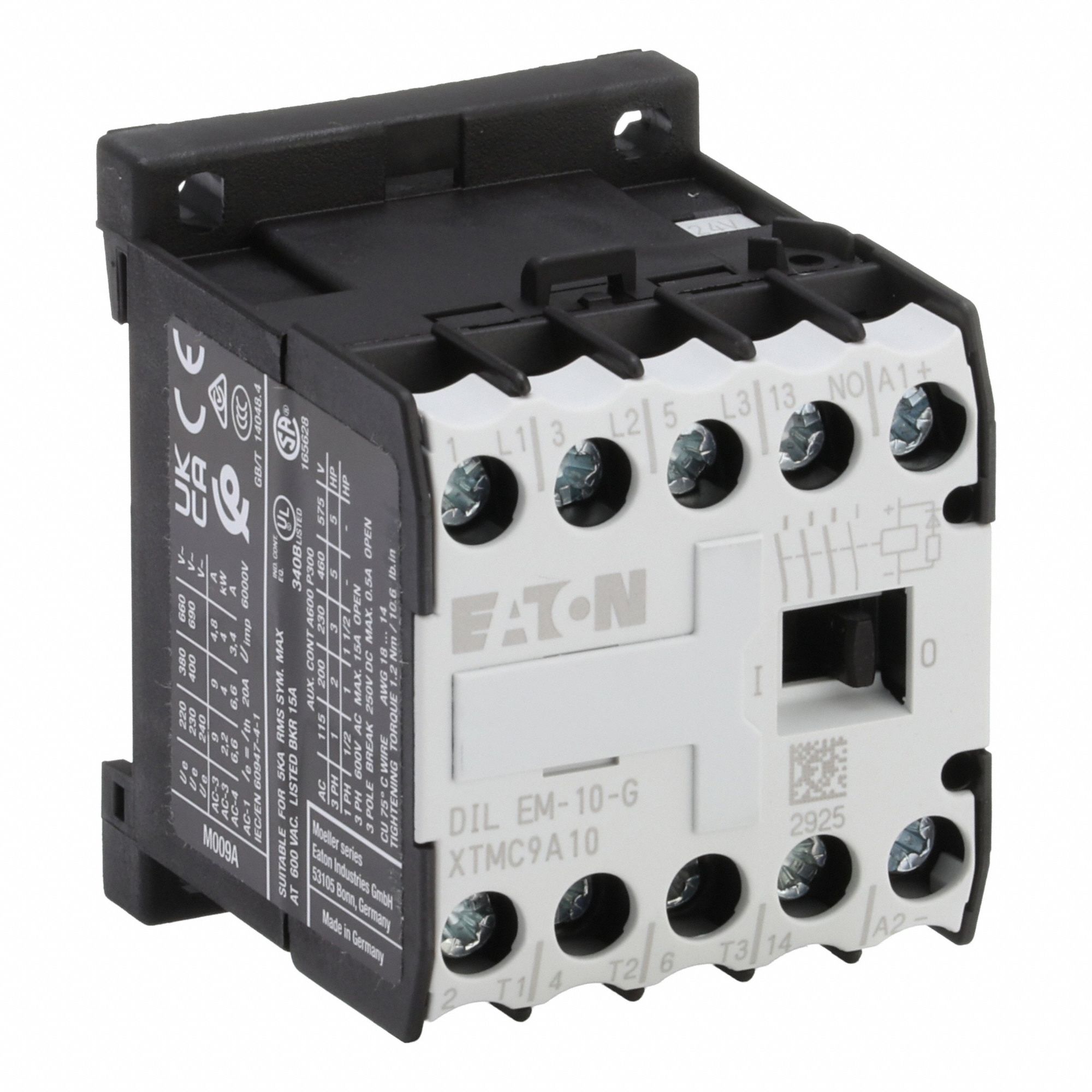 EATON Miniature IEC Magnetic Contactor: Non-Reversing, 3 Poles, 3NO Contacts, 9 A, 24V DC Coil (MPN XTMC9A10TD). Key specifications — attr945107: EATON; attr972381: Yes.