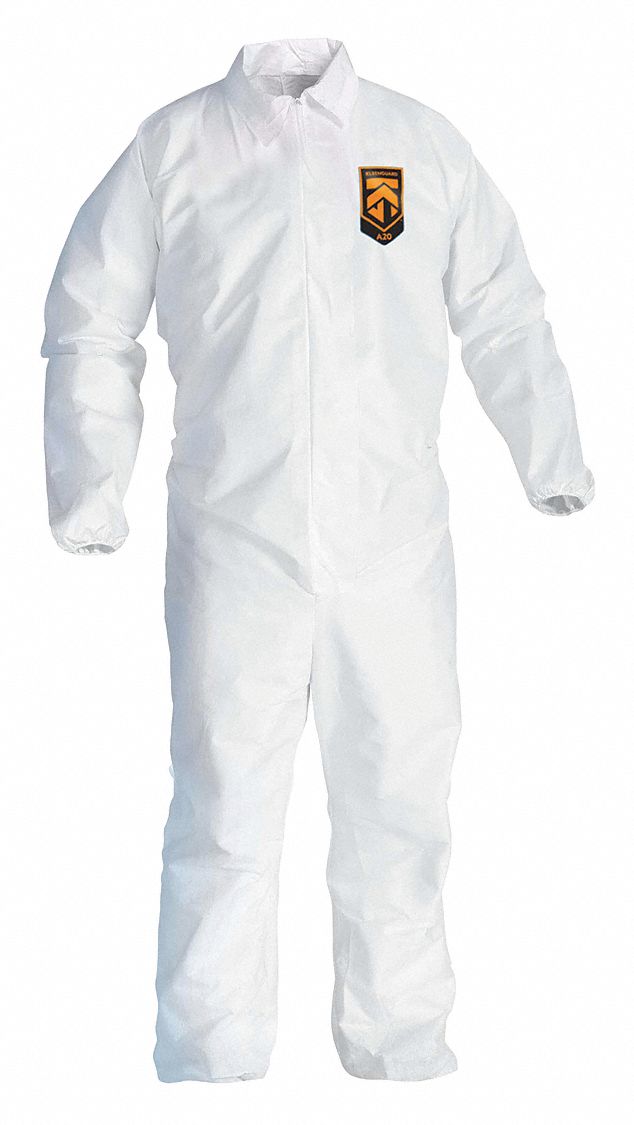 COLLARED DISPOSABLE COVERALLS, SMMMS, ELASTIC CUFFS/ANKLES, SERGED SEAM, WHITE, L