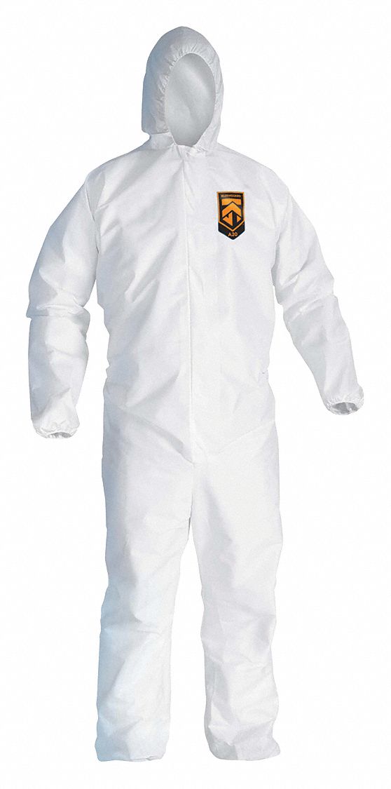 HOODED DISPOSABLE COVERALLS, SMMMS, ELASTIC CUFFS/ANKLES, SERGED SEAM, WHITE, L