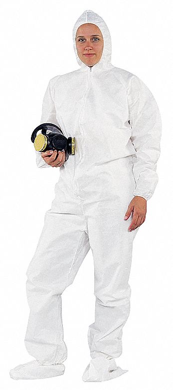 HOODED DISPOSABLE COVERALLS, ELASTIC CUFFS/ANKLES, SERGED SEAM, WHITE, WHITE, 3XL